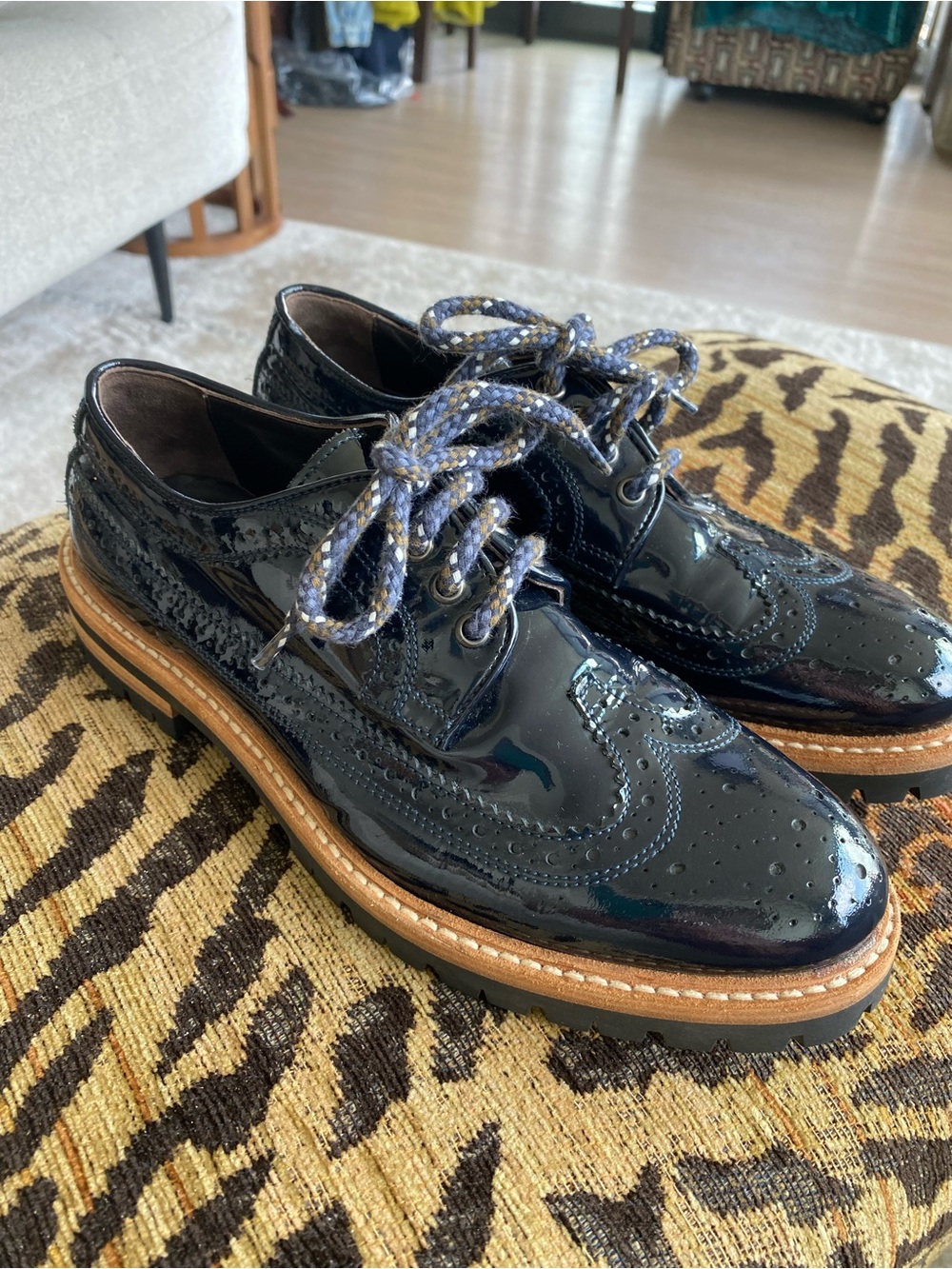 Agl Patent Glossy Navy Oxford Brogues. Size 7
